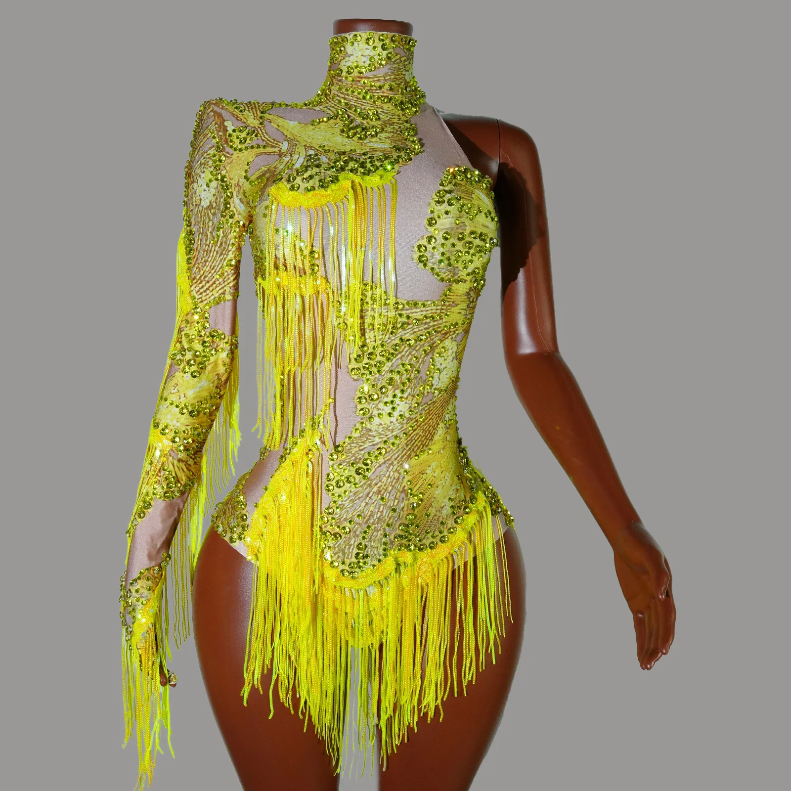 

Yellow Goddess Bodysuit Women High Neck Single Sleeve Rhinestone Sequined Drag Queen Cabaret Nightclub Stage Performance Costume