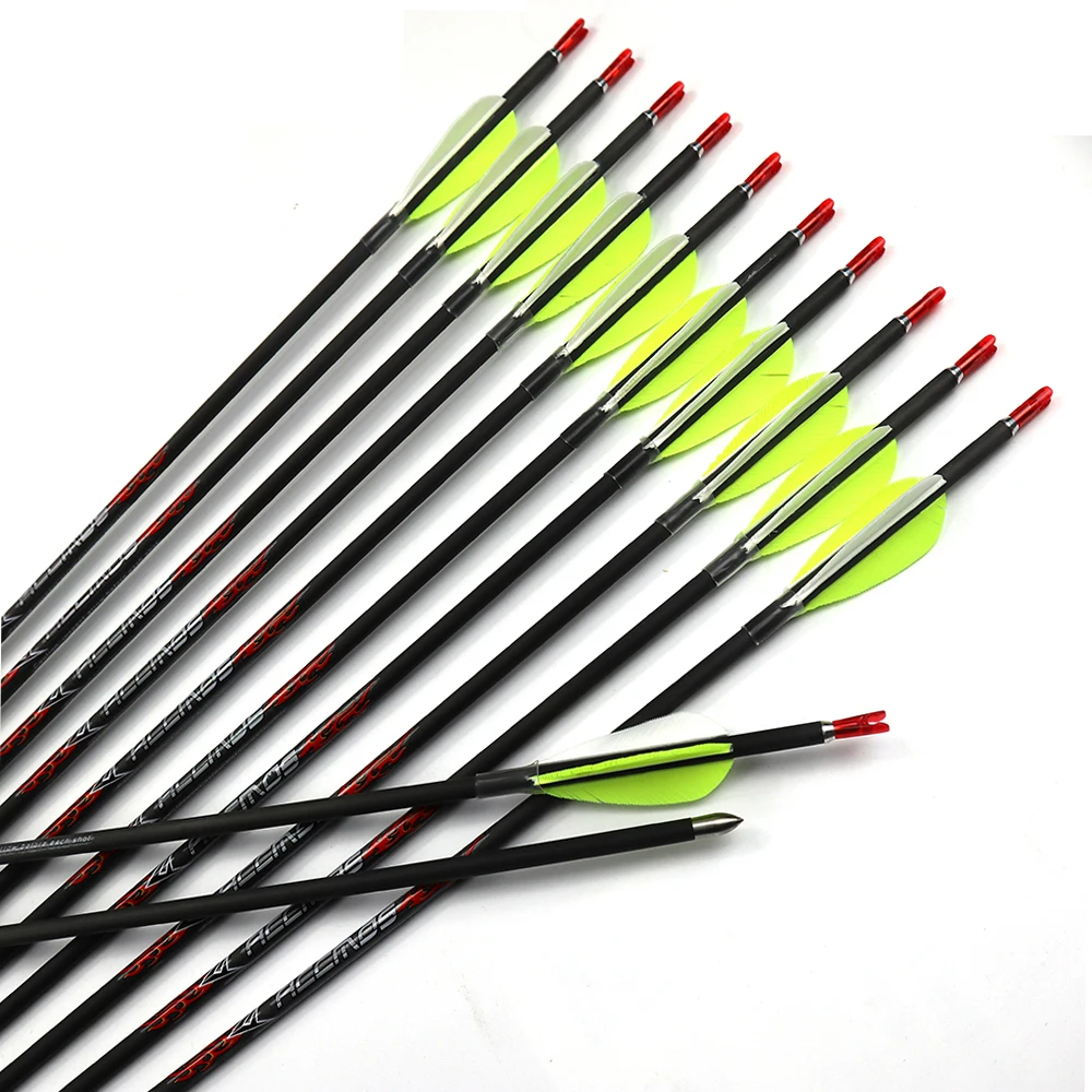 12pcs ID4.2mm Pure Carbon Arrow Spine 300-1500 with 5.5 cm Real Feather For Recurve Bow Shooting Practic