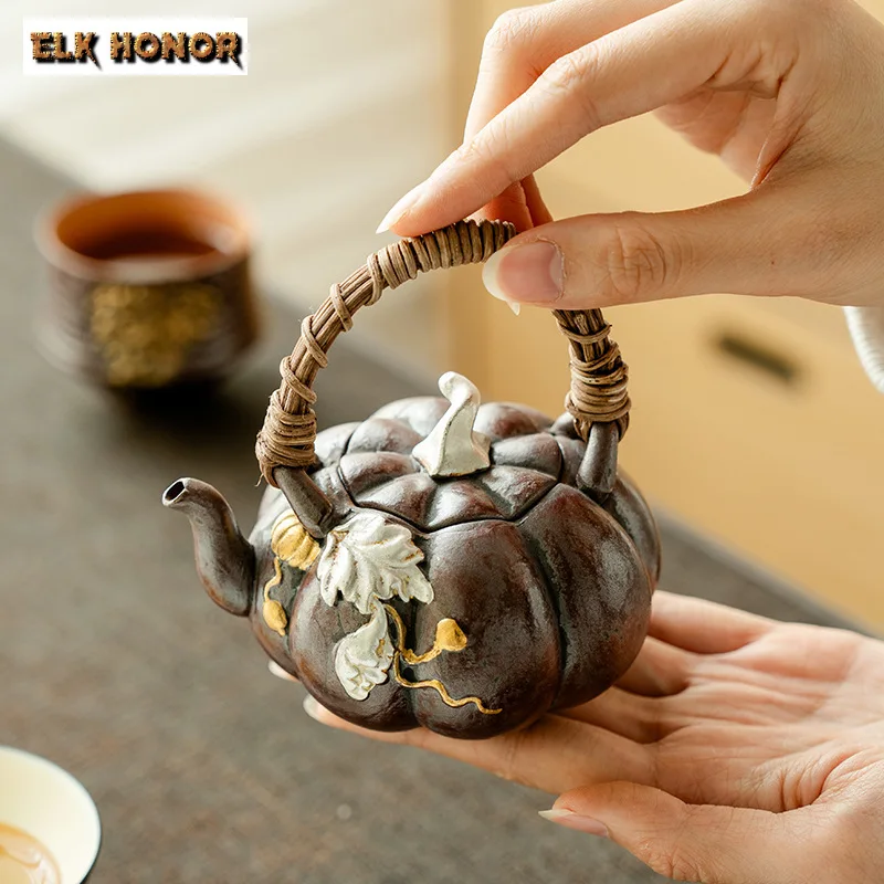 170ml Antique Old Rock Mud Rust Red Gold Teapot Japanese Pumpkin Lifting Beam Pot Tea Brewing Kettle Chinese Tea Ceremony Gifts