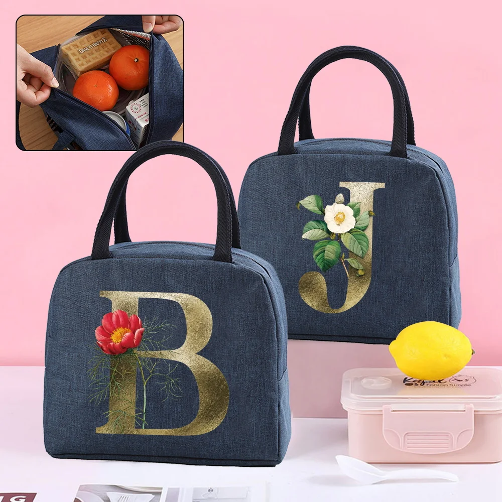 

Lunch Bag Women's Work Lunch Dinner Insulated Cooler Bags Organizer Kids Food Thermal Canvas Packet Golden Flower Print Handbags