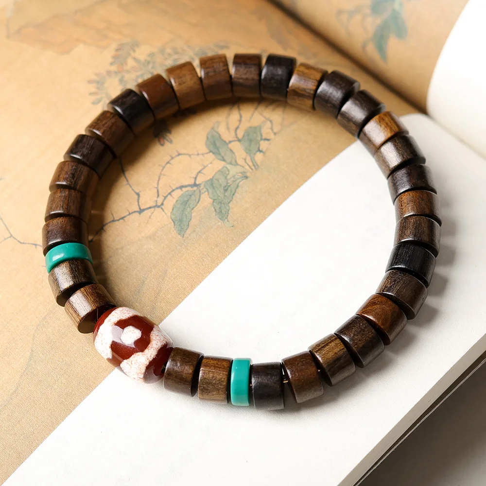 Straight Cut Medicinal Agarwood Barrel Bead Bracelet Red Meat Three Eye Dzi Bead Bracelet Ethnic Style Jewelry Gifts
