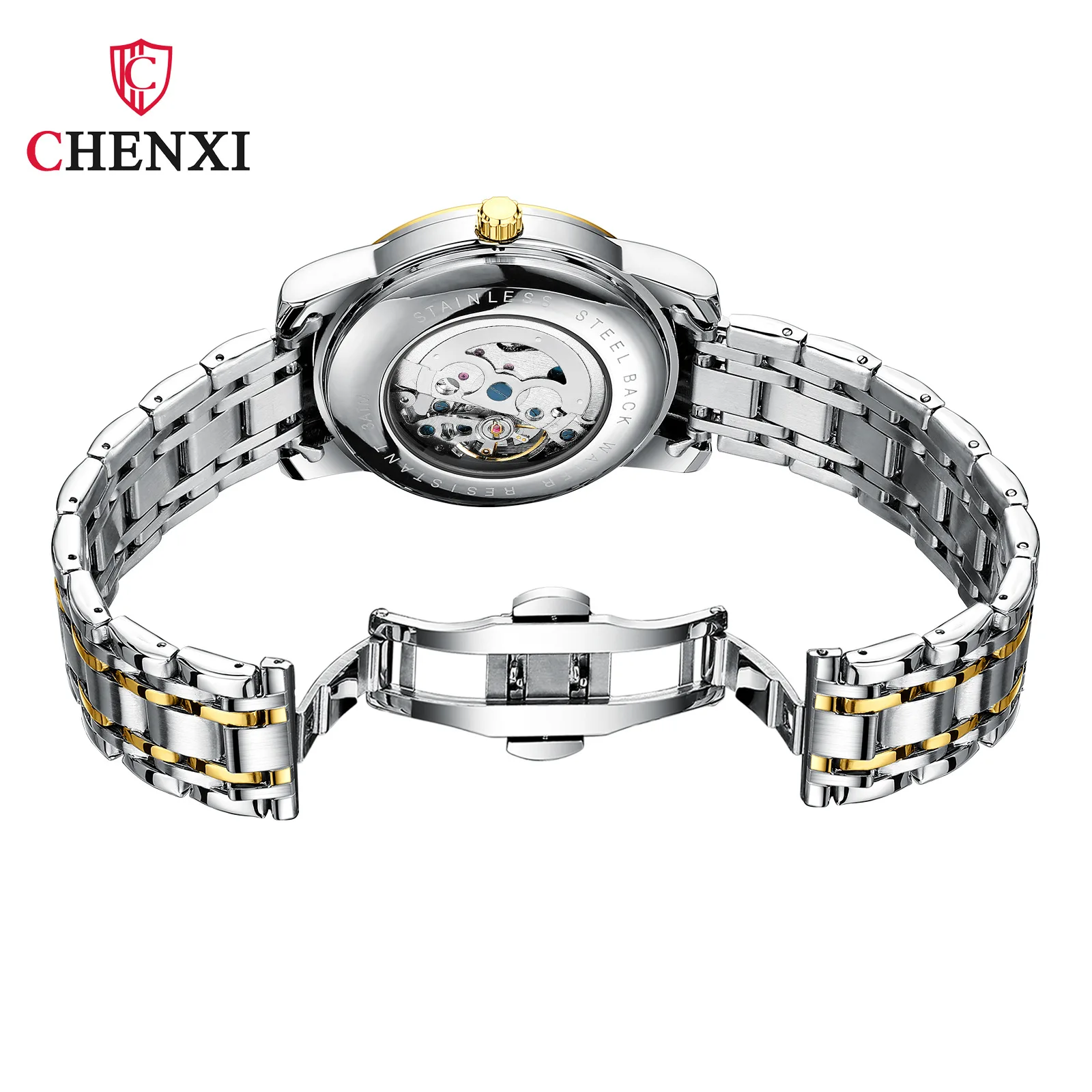 CHENXI 8859 Mechanical Watch Men Business Fashion Silvery Gold Sun Stainless Steel Strap Clock Analog Display Wrist Watches