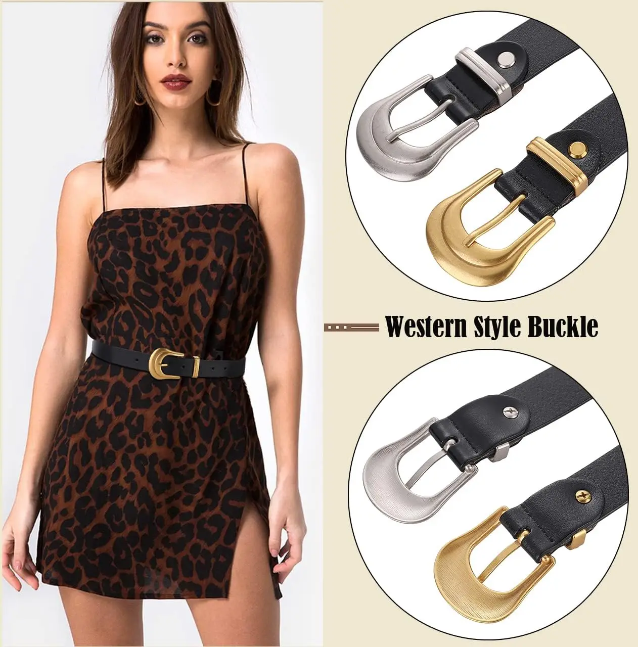 

Genuine Leather Women's Belt Black Belt with Gold Buckle Western Belts for Women Black Leather Belt Men Punk Jeans Belt