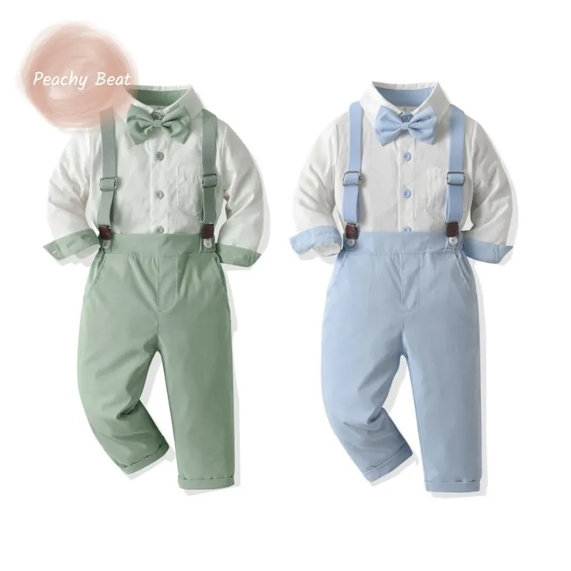 

Fashion Baby Boy Cotton Formal Clothes Set Tie Bow Shirt+Suspender Pant 2PCS Infant Toddler Teens Party Suit Baby Calothes 0-10Y
