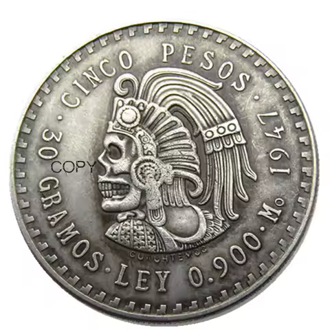 Hobo Uncirculated 1947 Mexico 5 Pesos Silver Foreign Copy Coins Funny skull zombie skeleton Copy Coins