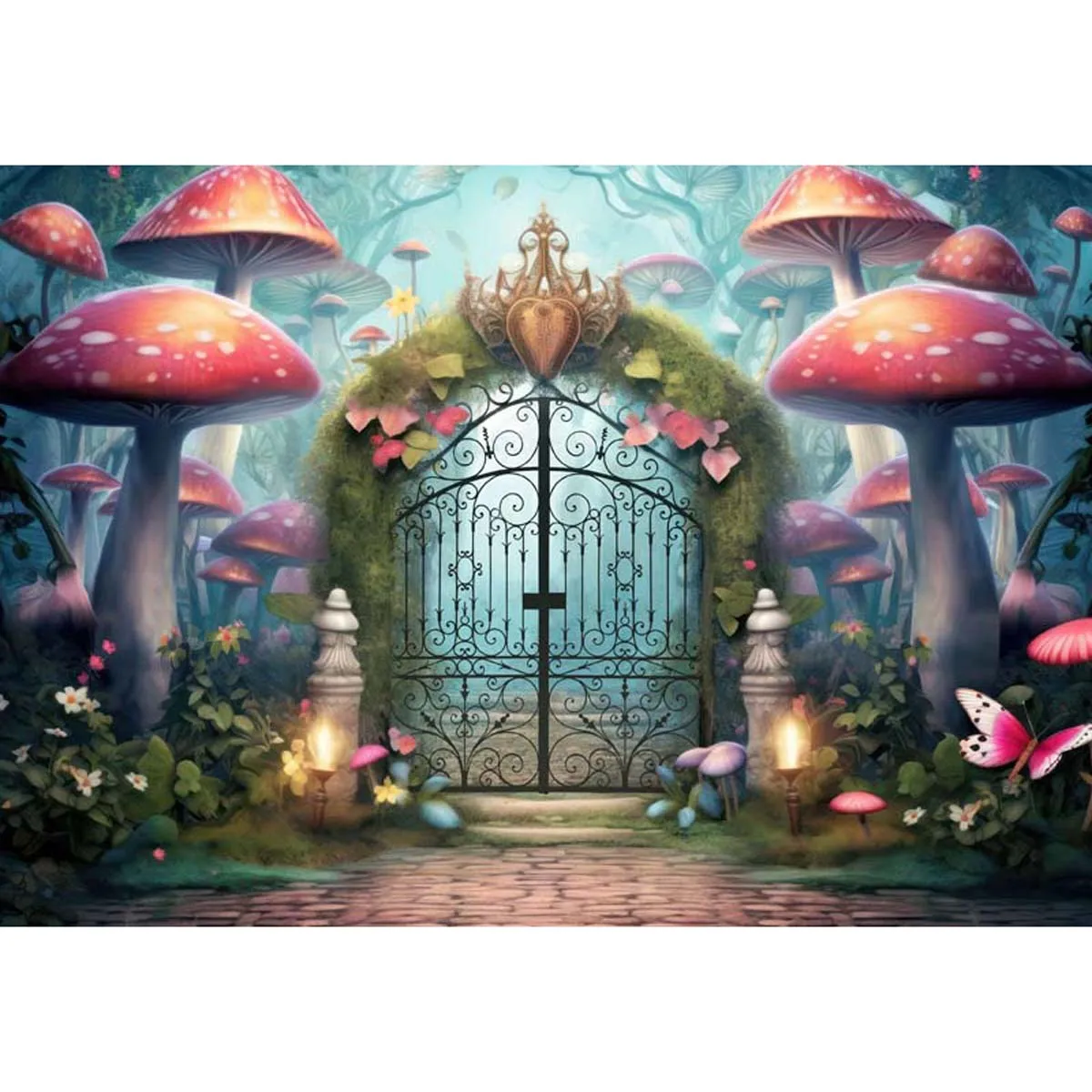 

Allenjoy Wonderland Forest Mushrooms Gate Backdrop