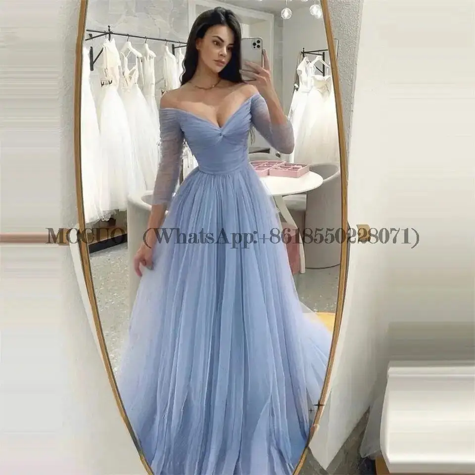 

Baby Blue A-line Evening Dress Long Sleeve Prom Dress 2023 Sexy V-neck Party Dress Elegant Tulle Prom Gown