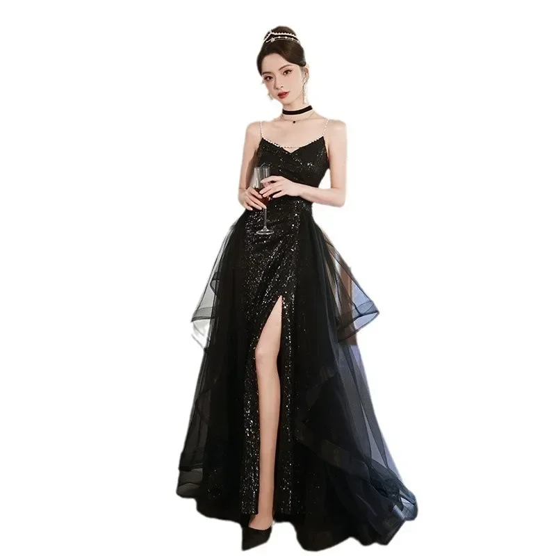 Women\'s Evening Dresses Slim Off The Shoulder Sleeveless Black Sequin Banquet Long Skirt Arabic Party Dress for Women Vestidos