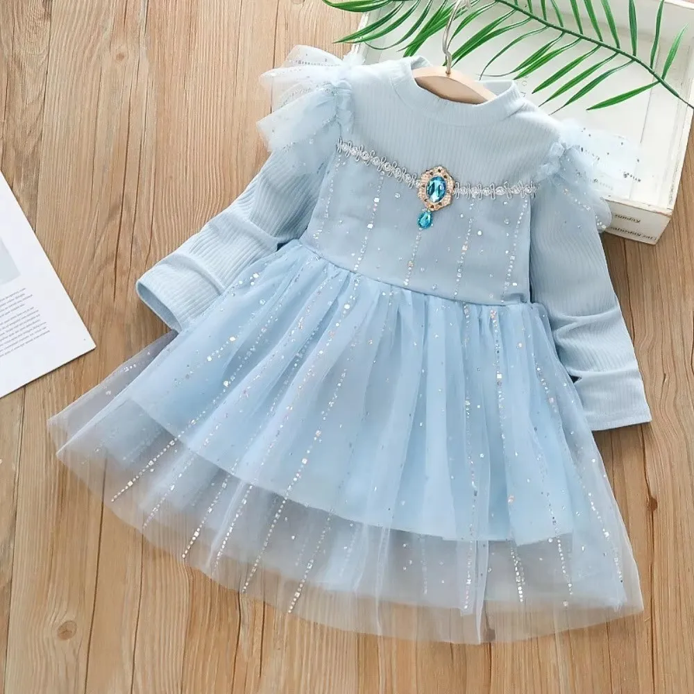 2024 Spring and Autumn New Product Frozen Girls' Princess Frock Blue Rhinestone Round Neck Long Sleeved Sequined Mesh Dress