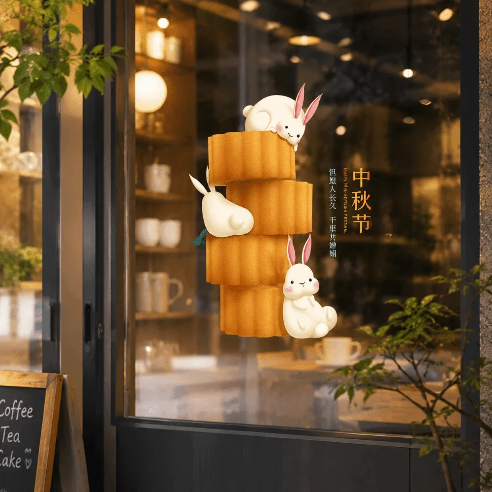 Moon Mid-Autumn Festival Stickers Rabbit Decoration Door Stickers Moon Cake Electrostatic Window