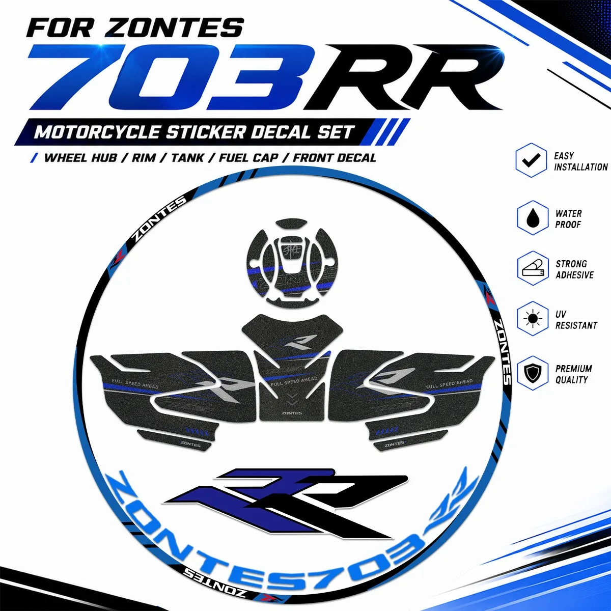 For ZONTES 703RR Motorcycle Complete Sticker Kit Waterproof Wheel Hub Inner Rim Fuel Tank Cap Front Fairing Accessories Decals