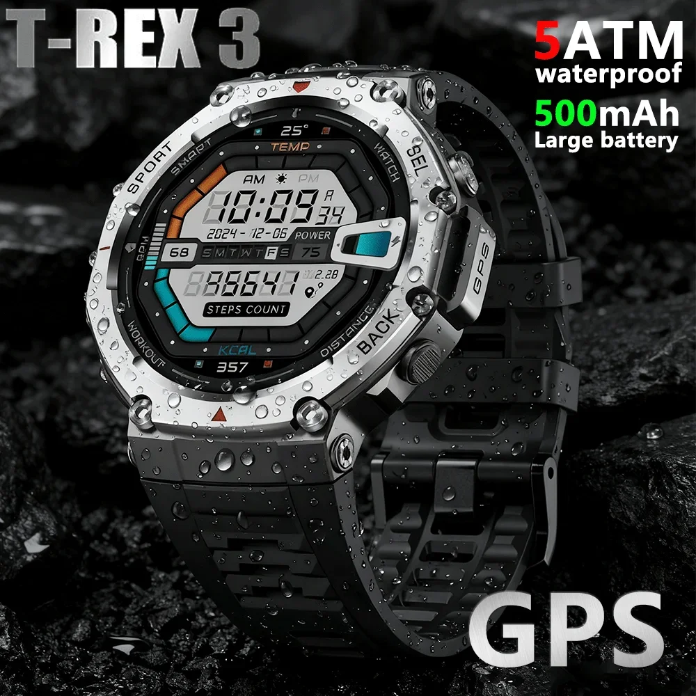 

2025 T-Rex 3 Outdoor Smart Watch Men Built-in GPS Compass Barometric Altimeter Bluetooth Call Waterproof Sport Smartwatch Man