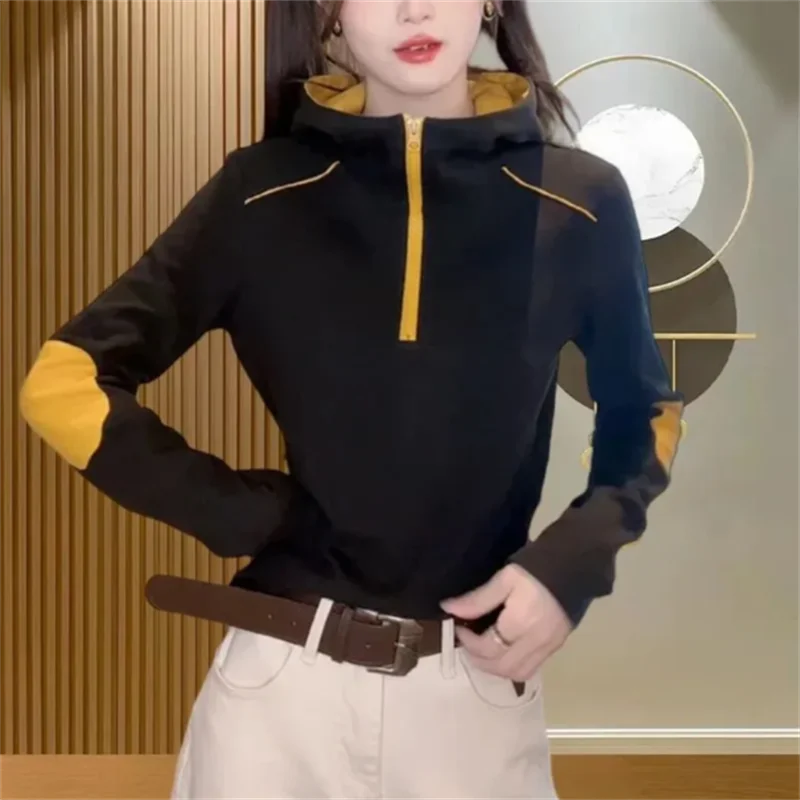 نصف البريدي الشباب التي شيرت المرأة مقنعين تيز كم طويل كولوربلوك التي شيرت قاعدة الشارع الشهير البلوز تي شيرت السيدات تي شيرت