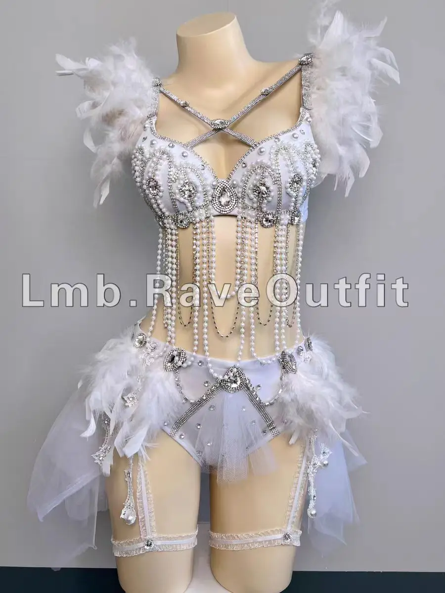 

Heavy Industry Luxury White Pearl Tassel Hanging Chain Sexy Bikini Photography Bar Nightclub Female Singer Dancer Stage Clothing