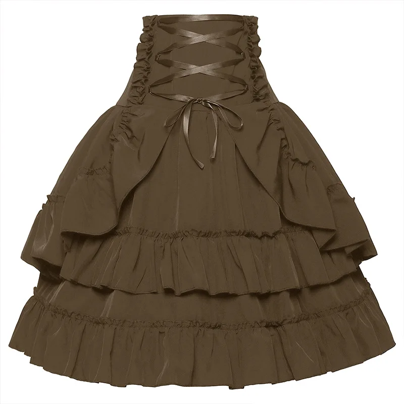Brown High Waisted Ruffled Cotton Lace Up Gothic Lolita Ball Gown Women Medieval Steampunk Skirt Victorian Vintage Clothing y2k