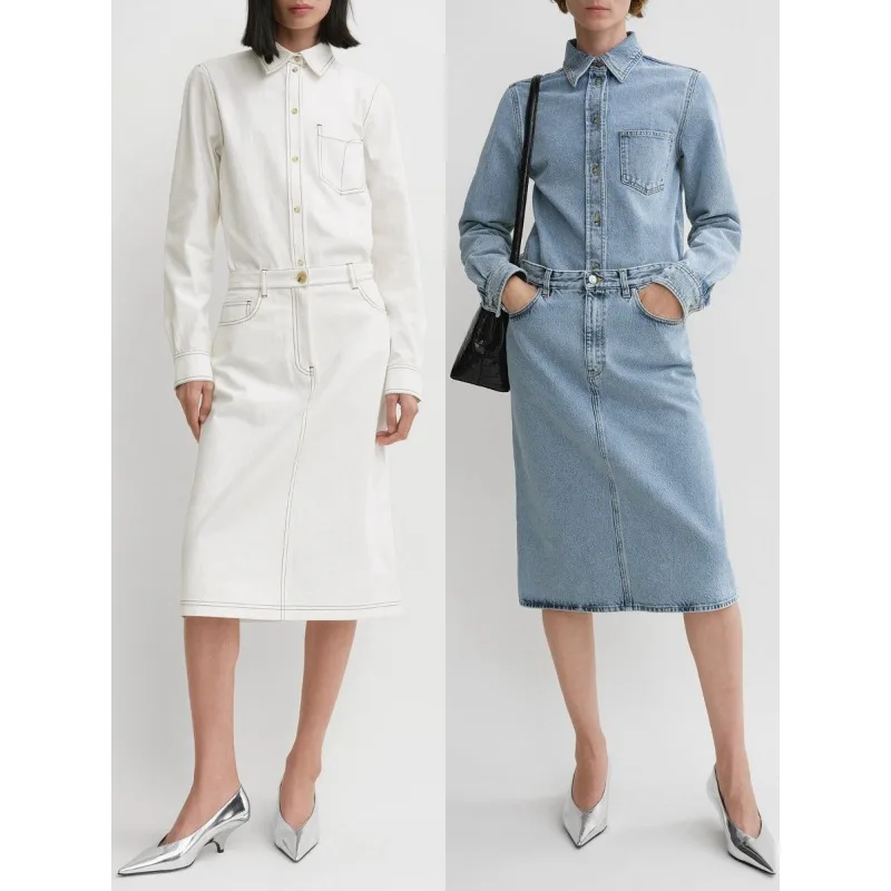 TT @ LUXURY-Women's Long Sleeved Top and High Waisted Skirt Set, Denim Shirt, Half Skirt, Casual, Autumn and Winter, New, 2024