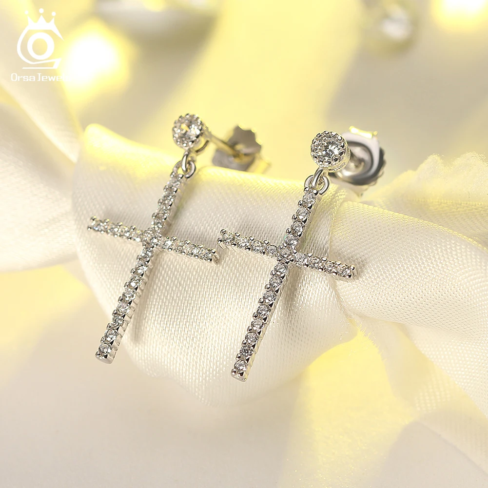 

ORSA JEWELS S925 Silver Zircon Drop Earrings for Women Simple Geometric Cross Earring Girls Rhinestone Pendant Jewelry Gift SE37