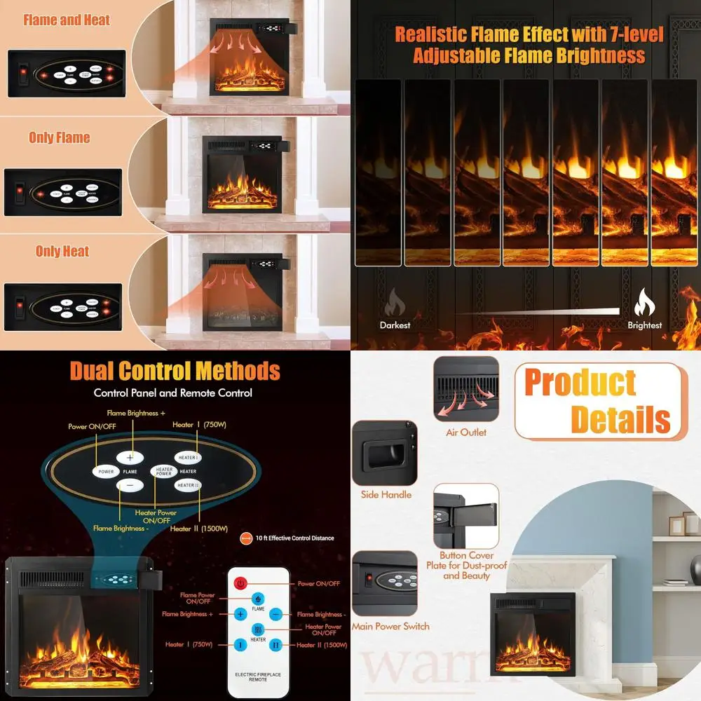 18 Recessed Electric Fireplace Insert with 7-Level Flame, Remote, Overheat Protection, 750W/1500W, Black