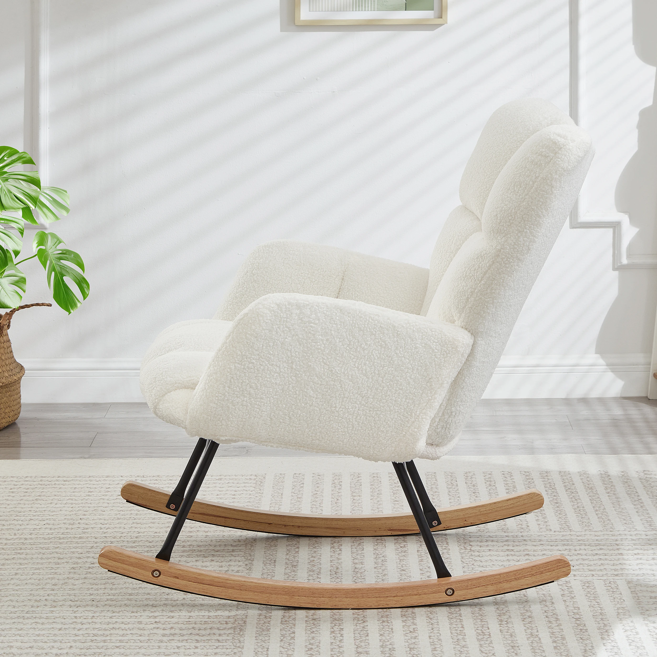 Glider Chair for Living Room Tufted Upholstered Teddy Fabric Rocking Chair with Metal Frame Accent Chair Ivory White