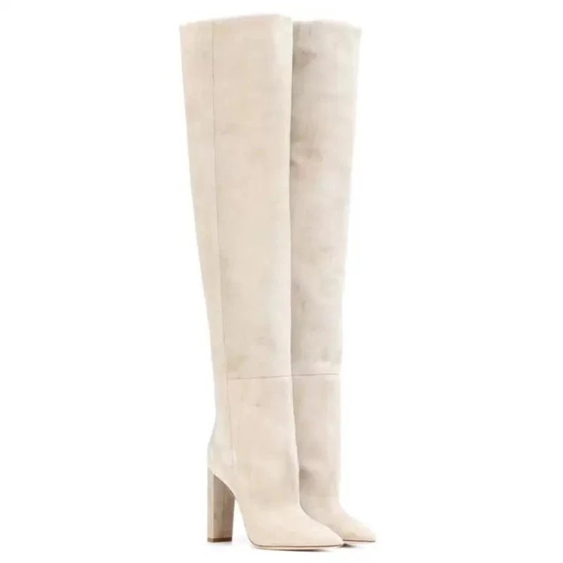 Big Size 43 45 2024 Winter Classics Pointed Toe  Knee Boots for Women European and American Style Slip on High Heel Beige Shoes