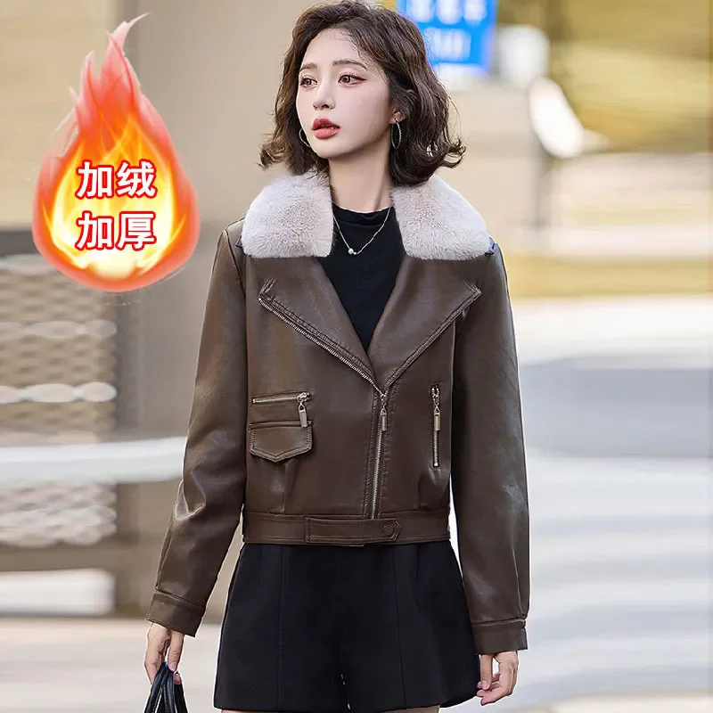 Chaqueta cálida de cordero para mujer, abrigos cortos gruesos para motocicleta, chaquetas de piel sintética con cremallera, prendas de vestir geniales, abrigo para mujer