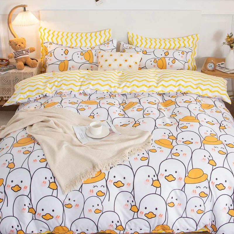 4pcs Cute Cartoon Duck Duvet Cover Set Boys Girls Bedroom Decoration Comforter Cover with Bed Sheet Animal Print Queen Bedding