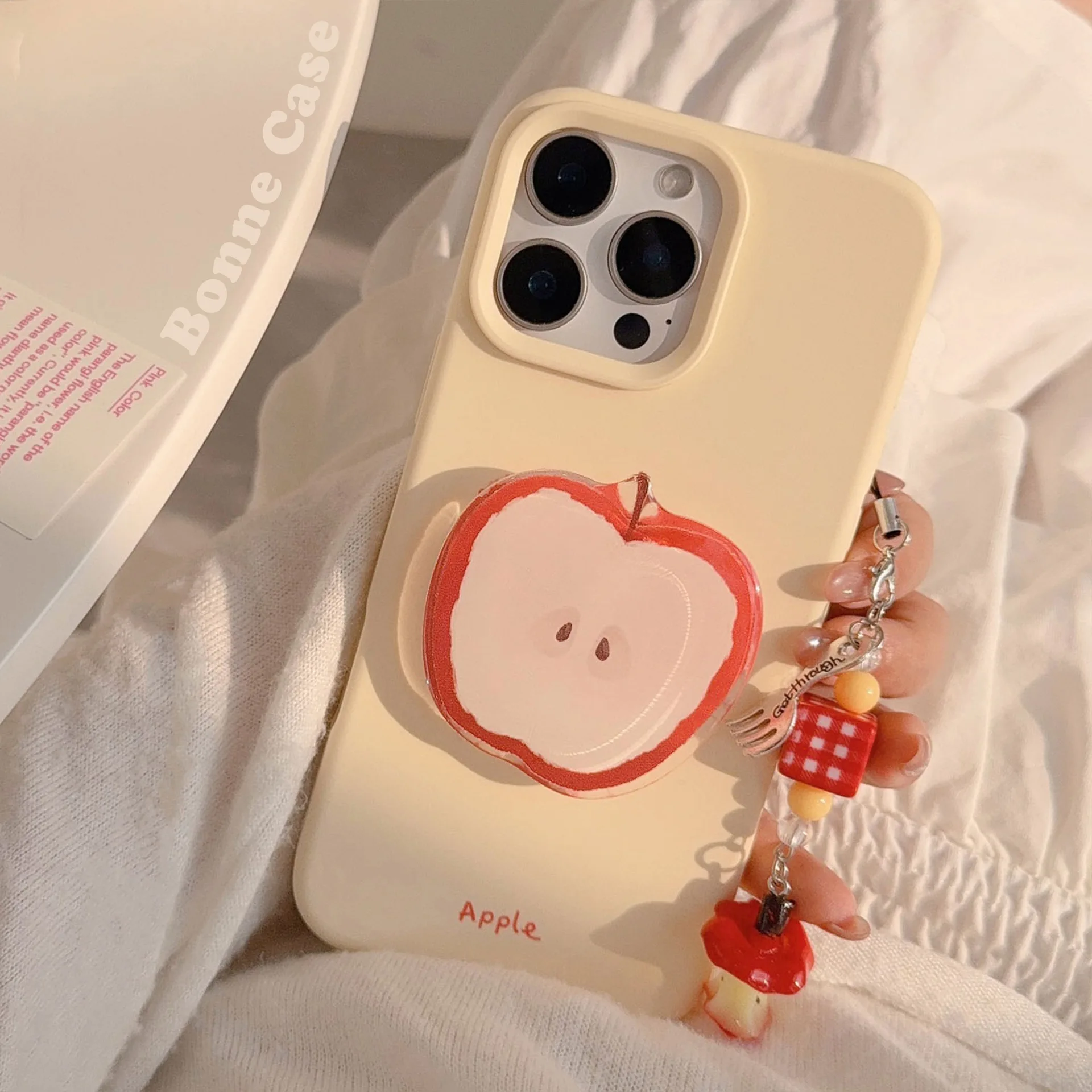 Koreanische Cartoon Red Apple Graffiti mit Halter Lanyard Handyhülle für iPhone 17 16 15 14 13 12 Pro Max Plus stoßfeste Softcover