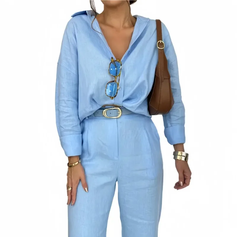 

Women's Two-piece Set Cotton Linen Solid Color Loose Long Sleeved Shirt, Spring New Style