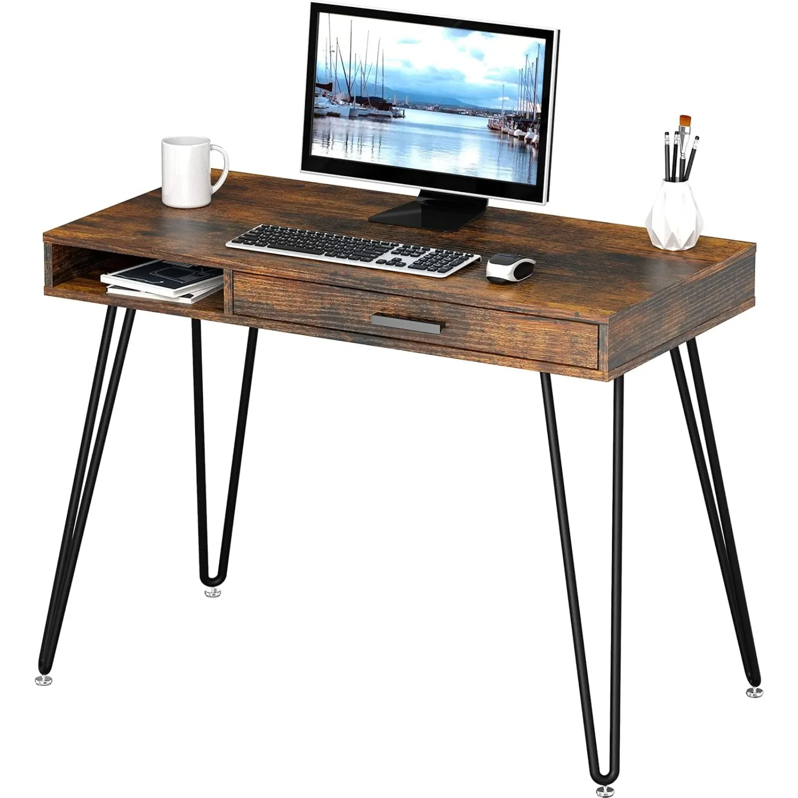 

US Home Office Computer Hairpin Leg Desk with Drawer, Rustic Brown