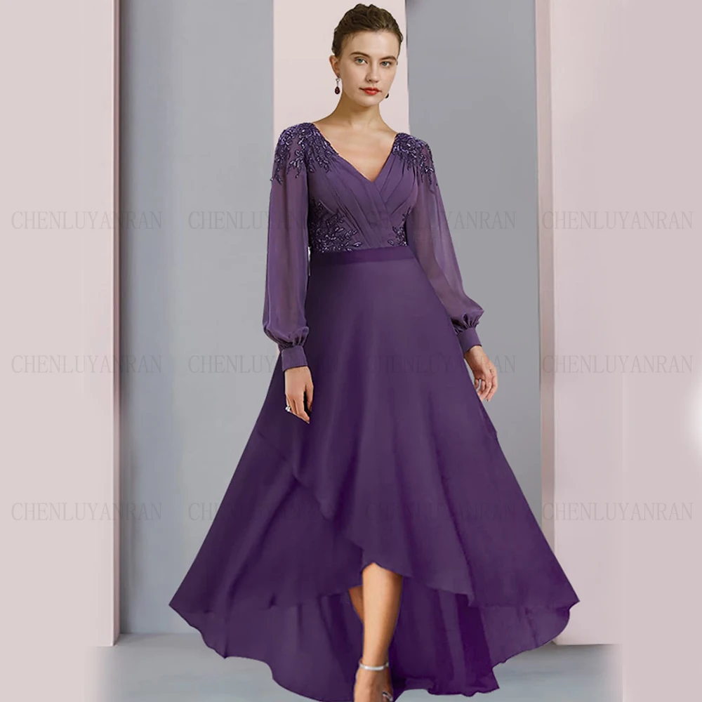 Purple Mother of the Bride Dress 2023 A-Line V-neck Wedding Guest Gowns Applique Applique Elegant Dress Women For Wedding Party