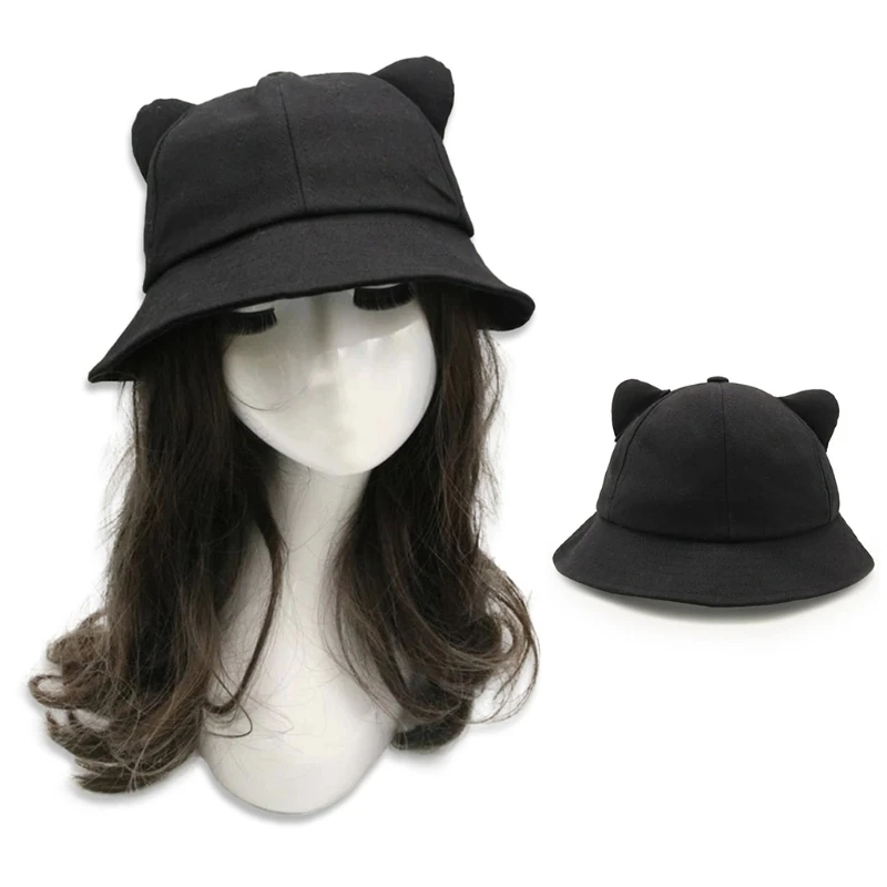 634C Cartoon for Cat Ear Tail Fisherman Hat Sweet Basin Hat Wide Brim for Girlfr