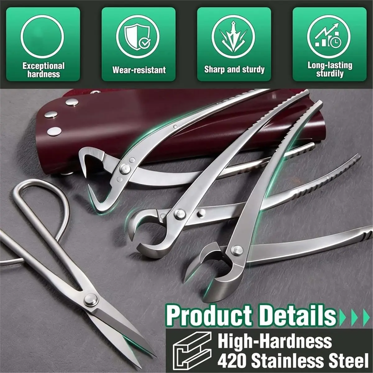 4 Pcs Heavy Duty Bonsai Tool Set, Concave & Knob Cutter, Trunk Splitter, Ashinaga Bonsai Scissors Kit with Storage Pouch