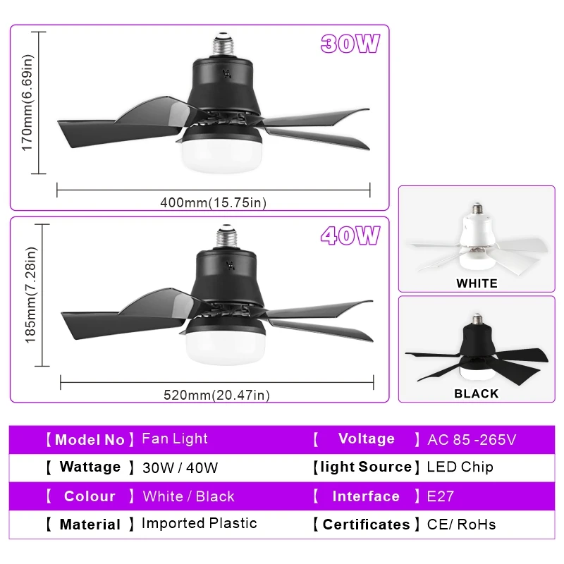 Imagem -02 - Ventilador de Teto Regulável Lâmpada Led com Controle Remoto Lâmina de Ventilador Quadrado Lâmpada para Sala e Quarto E27 Ac85265v 30w 40w