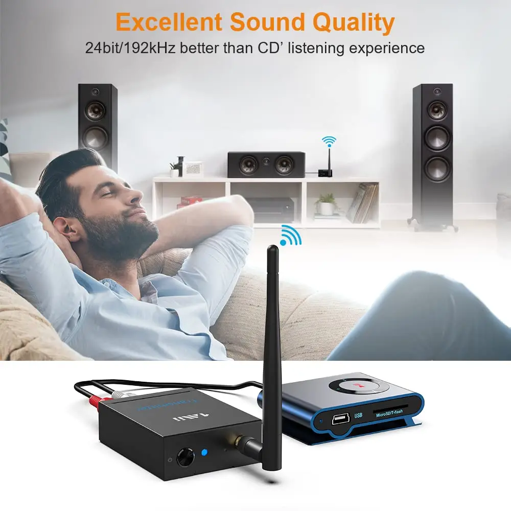 1Mii 2.4Ghz Wireless Audio Transmitter-Receiver,320ft Long Range 20ms Low Delay 192kHz/24bit HiFi Audio,for TV/speakers,etc