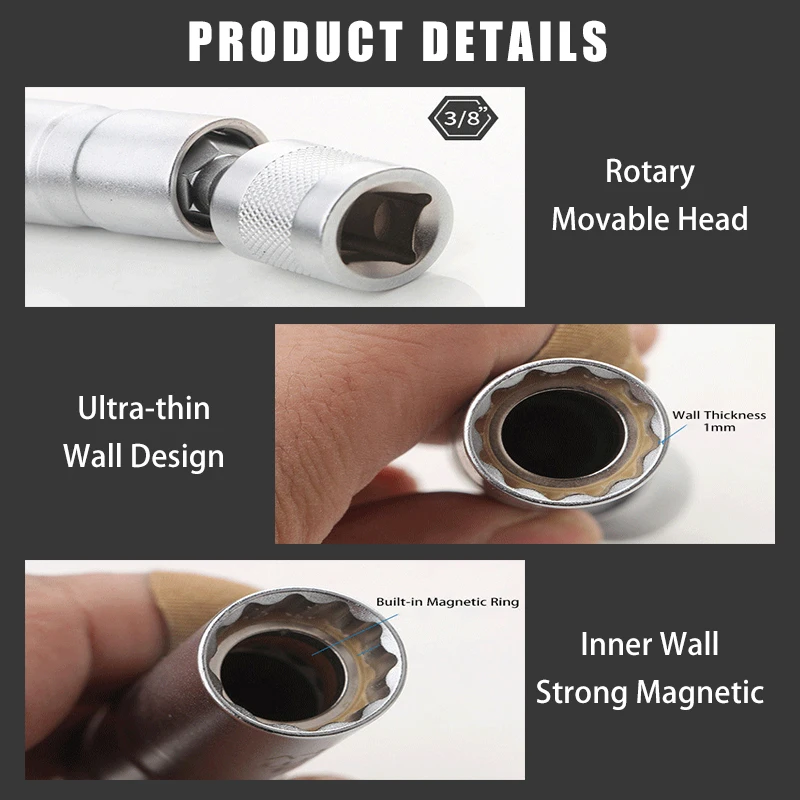 14mm 16mm Extend Spark Plug Socket Wrench Magnetic 12 Angle Repairing Removal Tool Thin Wall 3/8\