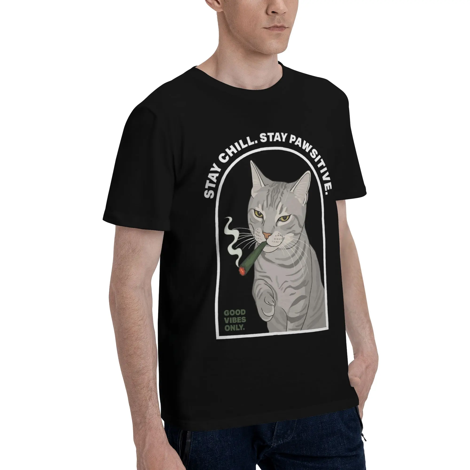 Cat Smoking Stay Chill Stay Positive T Shirts Men's  Pure Cotton Vintage T-Shirts Crew Neck  Tee Shirt Short Sleeve Tops Summer