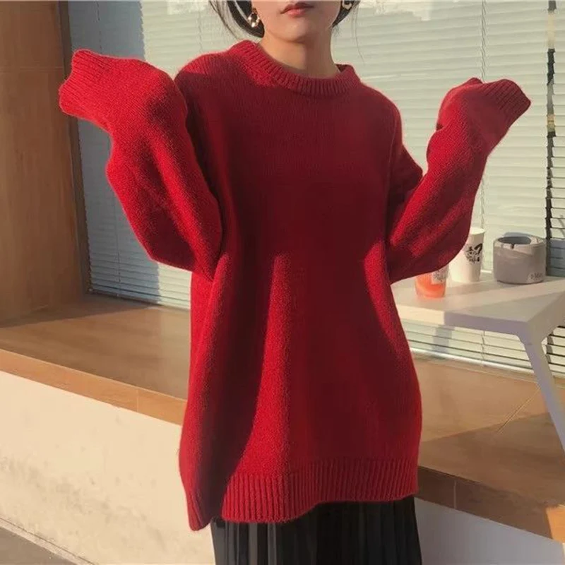 Rimocy Autumn Winter Red Sweater Women Round Neck Loose Knitted Jumpers Woman Christmas Style Long Sleeve Chic Sweaters Female