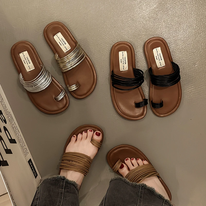 

Sandals, Women's Leather Summer Center Strap, Full Match with Women's Solid Color Women's Shoes, Large Size Low Heel Gladiator