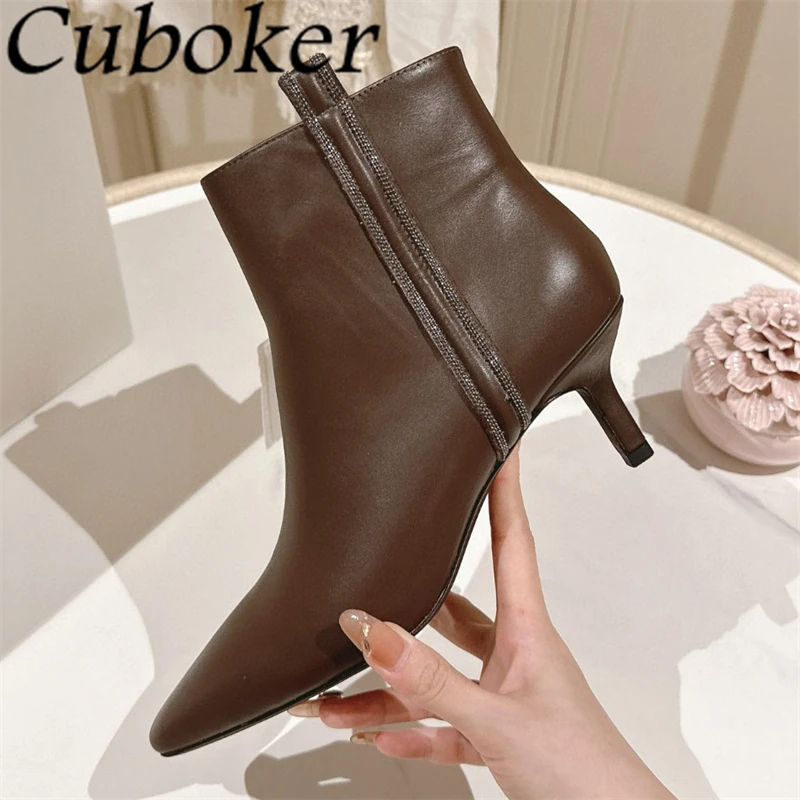 

2024 Autumn Real Leather Kitten Heel Ankle Boots Women High Quality Pointed Toe Chelsea Boots Female Fashion Short Botas Mujer