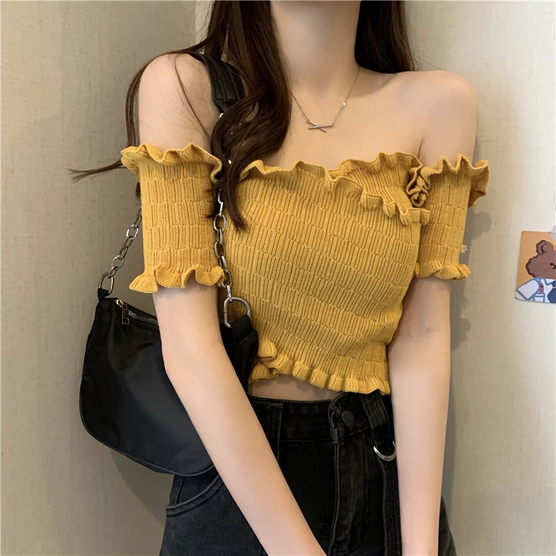 Y2K Knitted Women Shirt Summer New Sweet Slash Neck Female Short Sleeve Blouse Solid Chic Off Shoulder Ladies Crop Tops