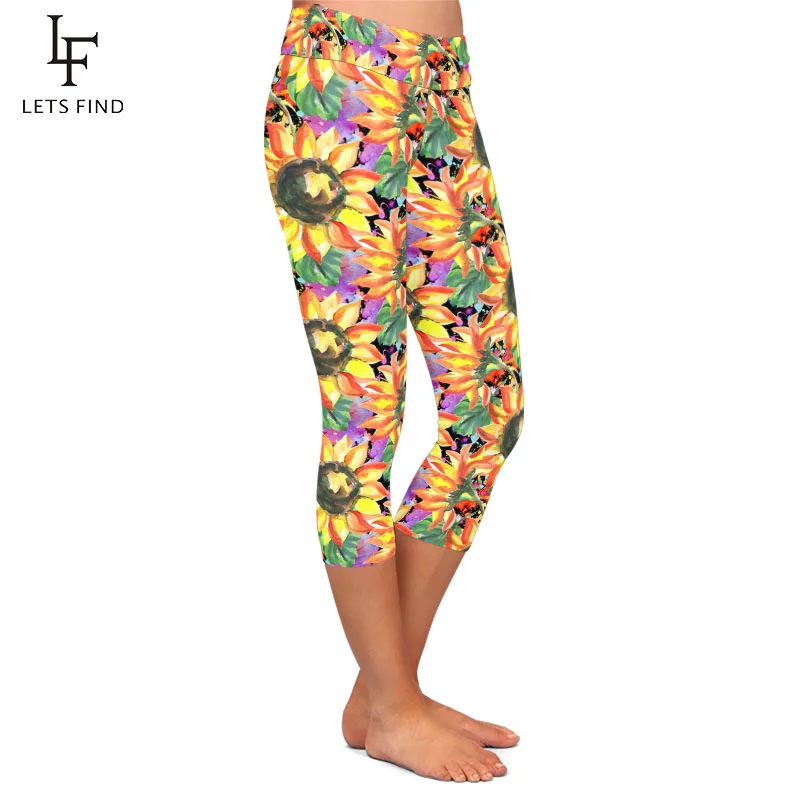 LETSFIND 2021 New 3D Watercolor Sunflower Digital Print Capri Leggings Women High Waist Elastic Silm Leggings
