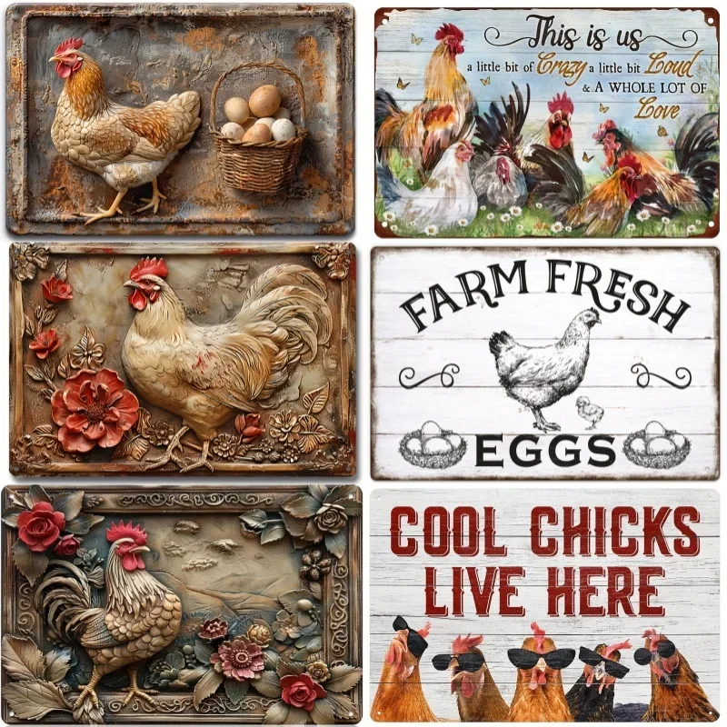 Charming Farm Chickens Vintage Metal Aluminum Signs Poster Beautiful Chicken Colorful Visual Effect Wall Art for Chicken Farm