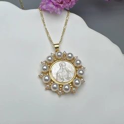 Guadalupe Virgin Mary Necklace Female Natural Sea Shell Religious Medal Pendant Figaro Chain Neck For Women
