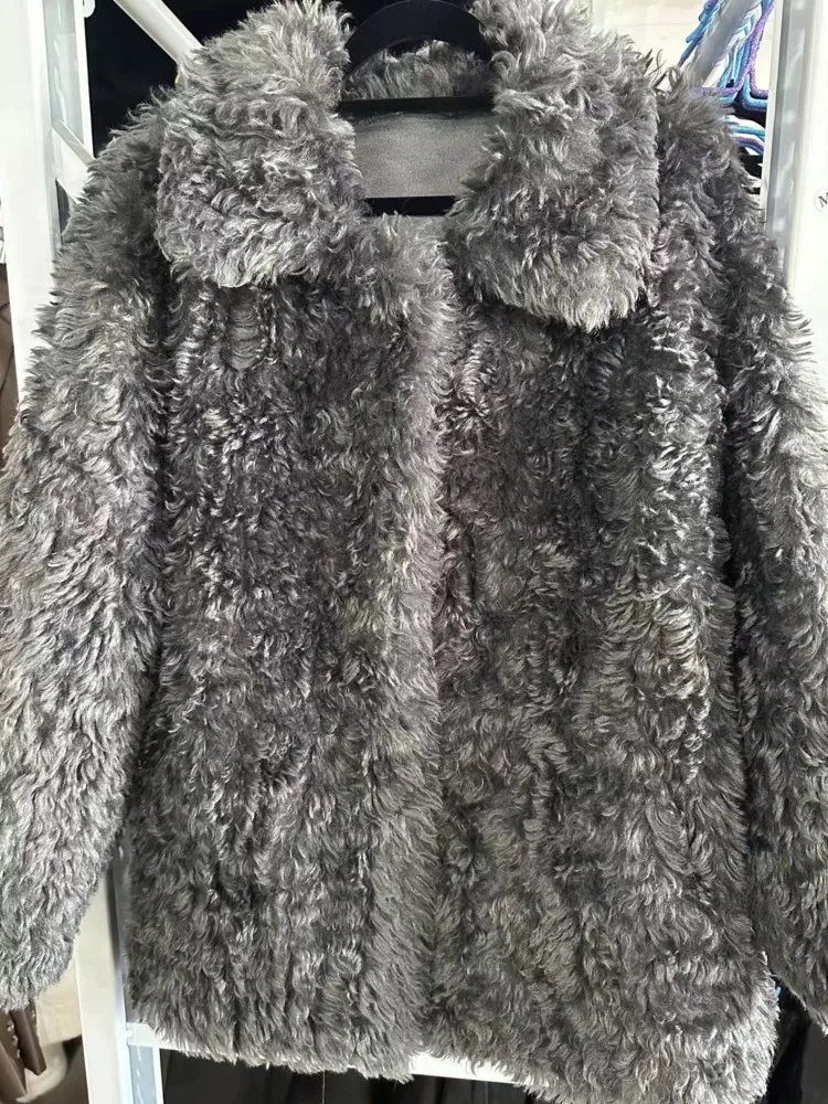 DEATแฟชั่นผู้หญิงFaux Fur CoatหลวมแขนยาวสีทึบหลวมหนาLamb Fur Jacketฤดูหนาว2024ใหม่น้ํา7AB6213