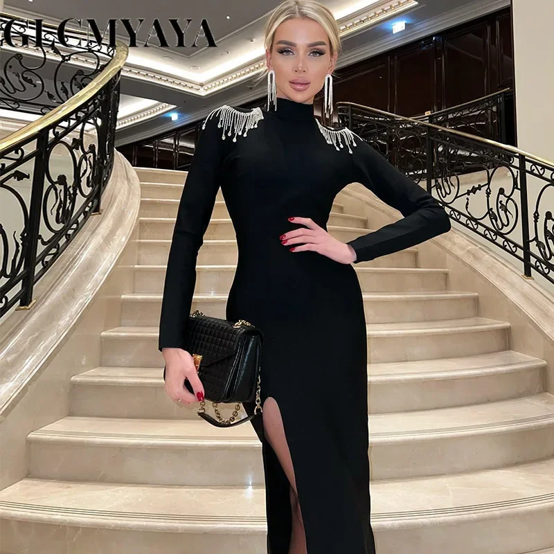 GLCMYAYA Women Crystal Tassel Shoulder Long Sleeve Side Split Bodycon Midi Maxi Dress Sexy Club Evening Party Dresses Vestidos