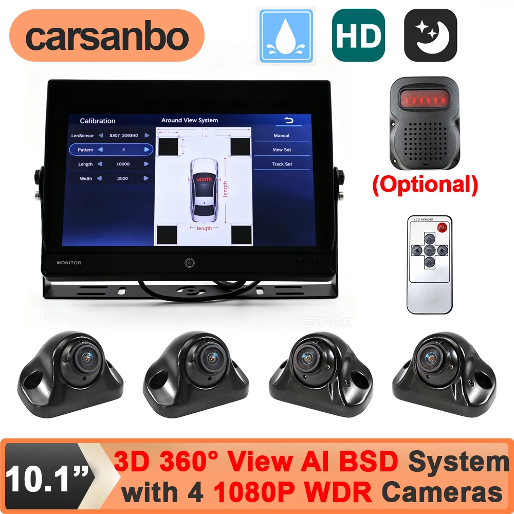 Carsanbo 10.1inch 4CH Recorder 3D AI Blind Spot BSD Alarm Car DVR Monitor with 4pcs AHD 1080P WDR Camera for Truck Minivan Coach