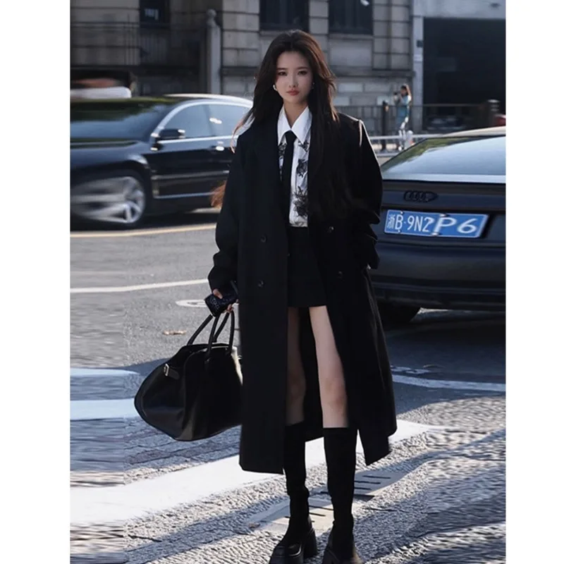 

Korean Fashion Black Coat Silhouette Suit Women's Early Autumn 2023 New Loose Collar Single Breasted Jacket Female Clothing