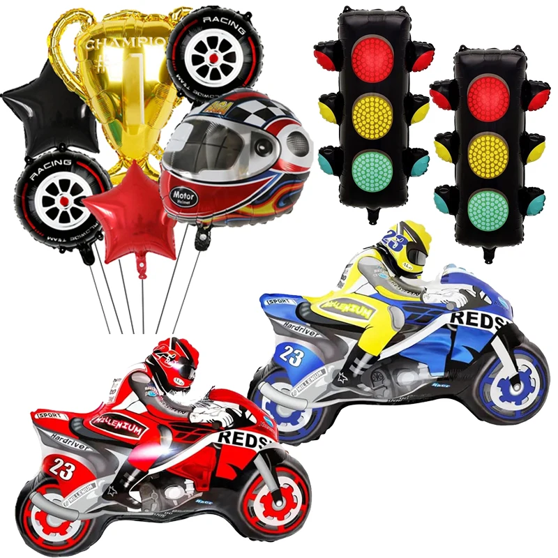 Decoración para Fiesta de Cumpleaños de Motocicleta, Globos de Aluminio de Motocicleta, Globo de Casco de Motocicleta, Globo de Trofeo, Globo de Semáforo