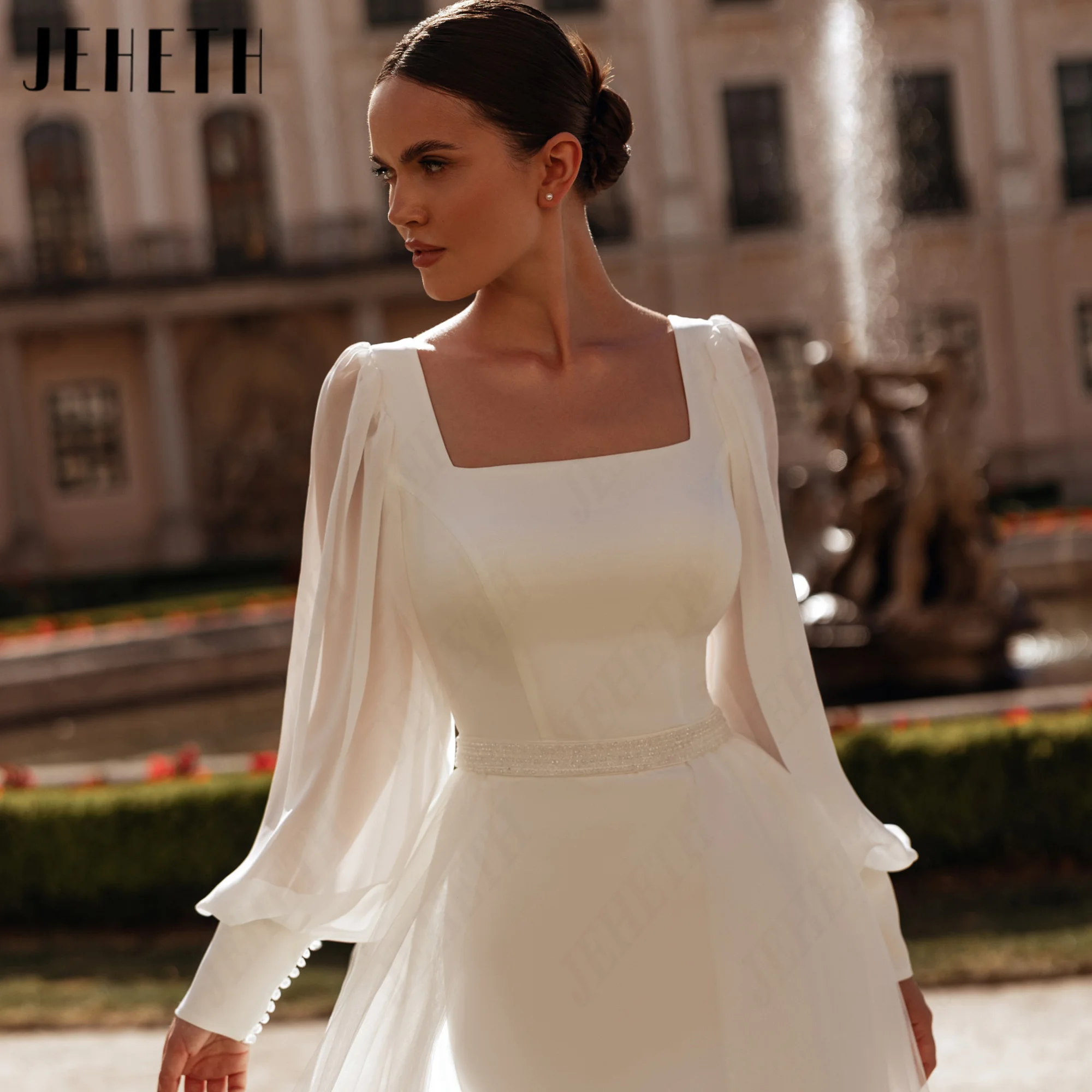 JEHETH Puff Long Sleeve Wedding Dress Satin Mermaid Bridal Dresses Customized Square Neck Bride Gowns Detachable Tulle Overskirt