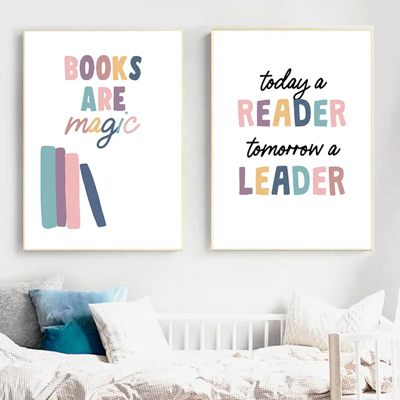 Modern Readers Today Leaders Tomorrow Quotes Canvas Poster Colorful Books Pattern Picture for Home Kids Room Wall Decor 4